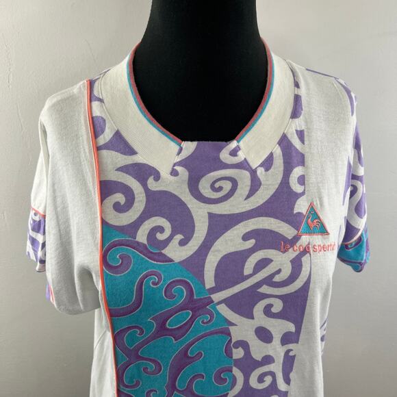 VINTAGE Le Coq Sportif White Blue Top Cotton Geometric Crew Pullover Sz Small S - Picture 3 of 9